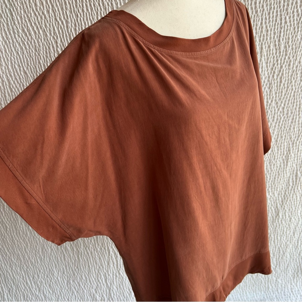 Eileen Fisher Shirt Top L Solid Brown Spun Silk Blouse Short Sleeve Boxy
